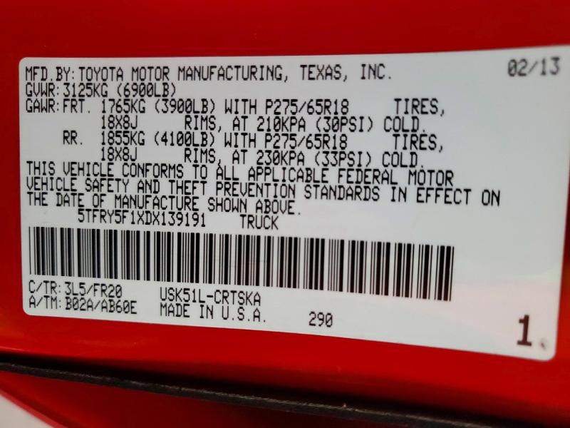 52970066 :رقم المزاد ، 5TFRY5F1XDX139191 vin ، 2013 Toyota Tundra مزاد بيع