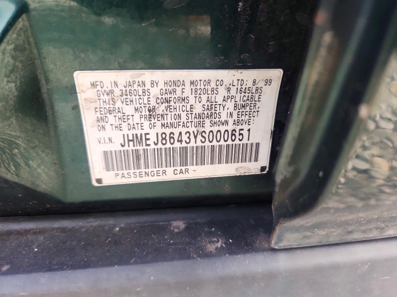 2000 Honda Civic მანქანა იყიდება აუქციონზე, vin: JHMEJ8643YS000651, აუქციონის ნომერი: 54641436