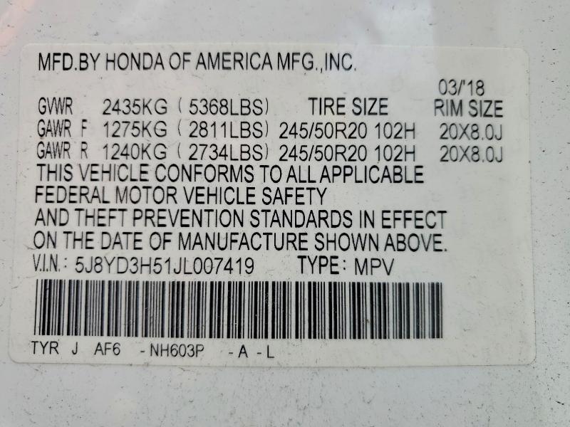 Aukcja sprzedaży 2018 Acura Mdx, vin: 5J8YD3H51JL007419, numer aukcji: 54557246