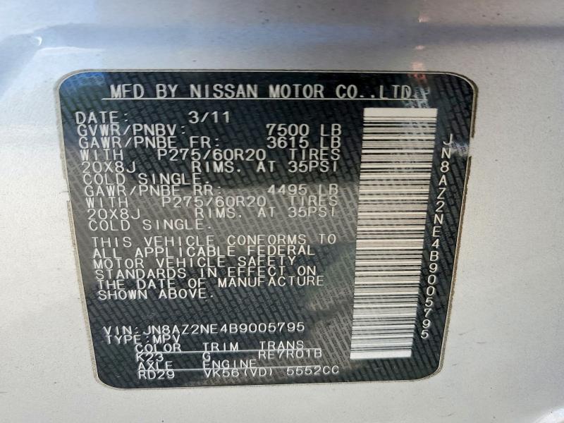 Aukcja sprzedaży 2011 Infiniti Qx56, vin: JN8AZ2NE4B9005795, numer aukcji: 54011596