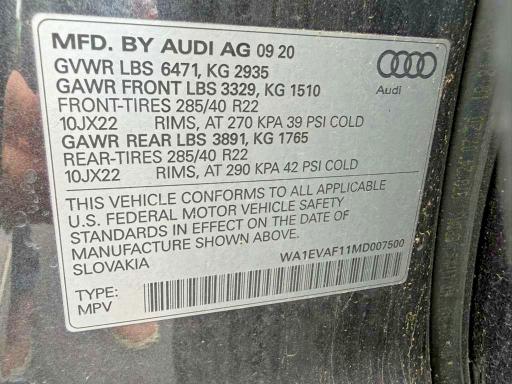 2021 Audi Q8 მანქანა იყიდება აუქციონზე, vin: WA1EVAF11MD007500, აუქციონის ნომერი: 53242696