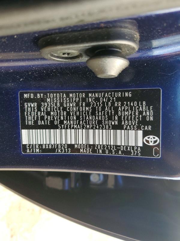 Aukcja sprzedaży 2021 Toyota Corolla, vin: 5YFEPMAE2MP242383, numer aukcji: 52436786