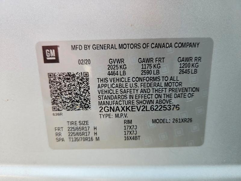 2020 Chevrolet Equinox მანქანა იყიდება აუქციონზე, vin: 2GNAXKEV2L6225376, აუქციონის ნომერი: 52711326