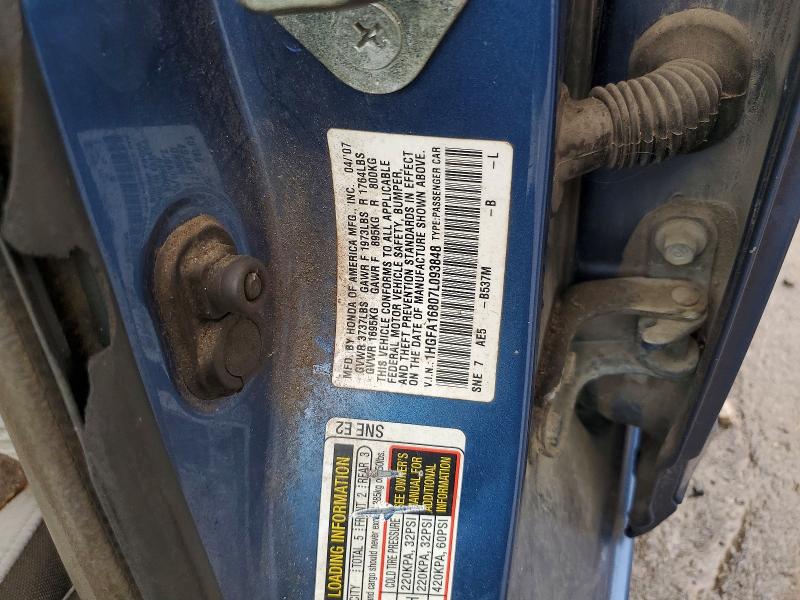 54013186 :رقم المزاد ، 1HGFA16807L093848 vin ، 2007 Honda Civic مزاد بيع