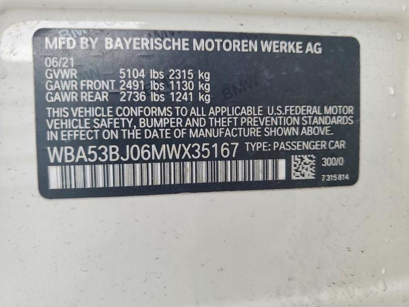 2021 Bmw 540 მანქანა იყიდება აუქციონზე, vin: WBA53BJ06MWX35167, აუქციონის ნომერი: 55457826