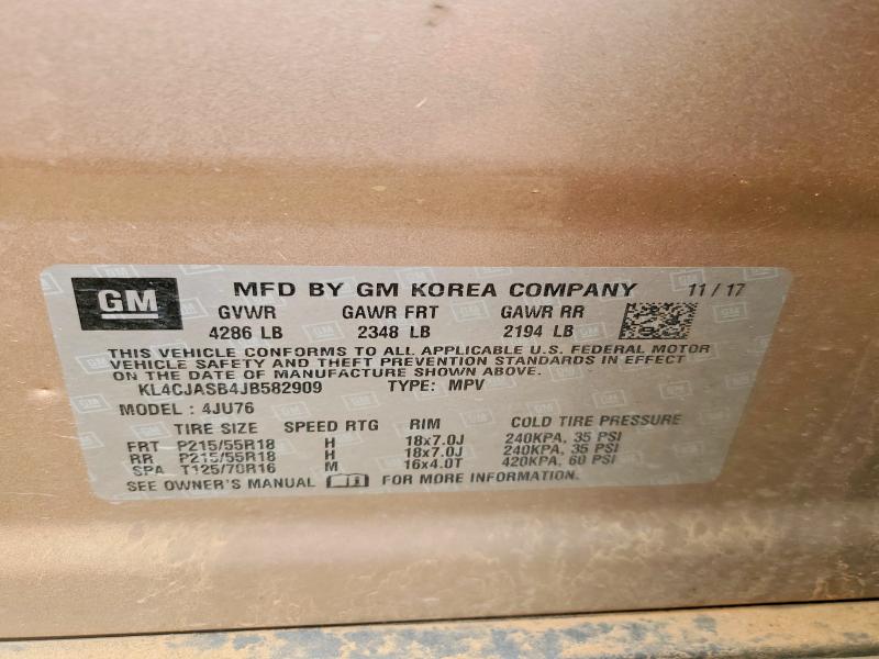 2018 Buick Encore მანქანა იყიდება აუქციონზე, vin: KL4CJASB4JB582909, აუქციონის ნომერი: 51827696