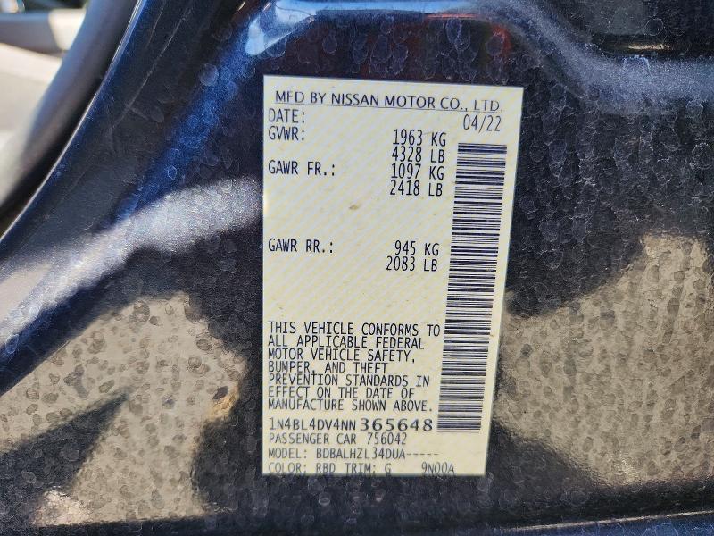 2022 Nissan Altima მანქანა იყიდება აუქციონზე, vin: 1N4BL4DV4NN365648, აუქციონის ნომერი: 52949756