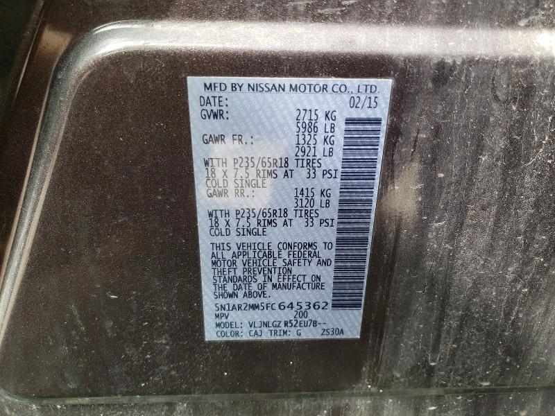 2015 Nissan Pathfinder მანქანა იყიდება აუქციონზე, vin: 5N1AR2MM5FC645362, აუქციონის ნომერი: 52068126