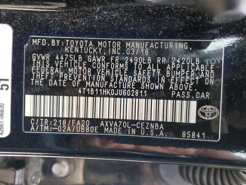 51300686 :رقم المزاد ، 4T1B11HK0JU602811 vin ، 2018 Toyota Camry مزاد بيع