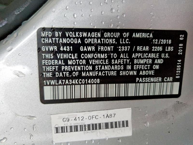 2019 Volkswagen Passat მანქანა იყიდება აუქციონზე, vin: 1VWLA7A34KC014008, აუქციონის ნომერი: 51780506
