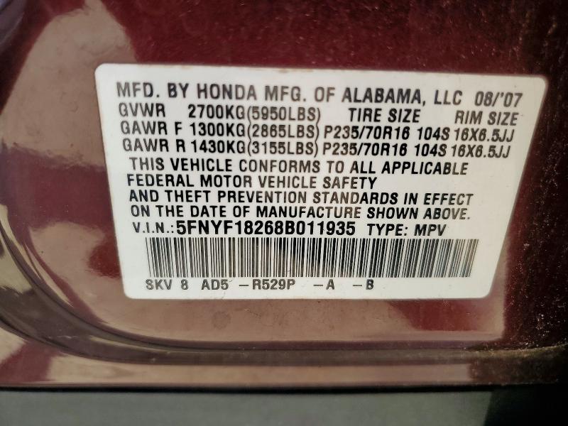 2008 Honda Pilot მანქანა იყიდება აუქციონზე, vin: 5FNYF18268B011935, აუქციონის ნომერი: 53997906