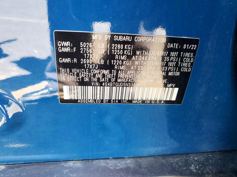 2022 Subaru Outback მანქანა იყიდება აუქციონზე, vin: 4S4BTGUD5N3188408, აუქციონის ნომერი: 54818426