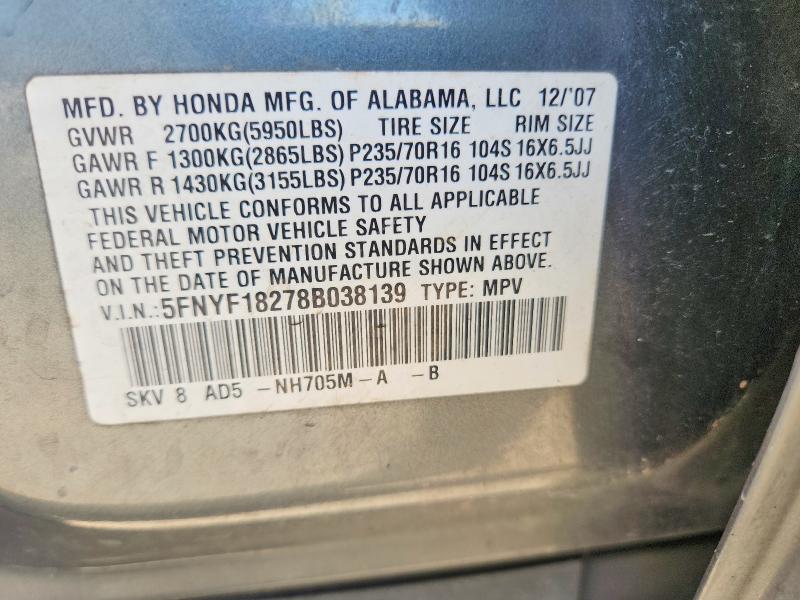2008 Honda Pilot მანქანა იყიდება აუქციონზე, vin: 5FNYF18278B038139, აუქციონის ნომერი: 54297586