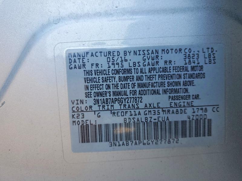 52776036 :رقم المزاد ، 3N1AB7AP6GY277872 vin ، 2016 Nissan Sentra مزاد بيع