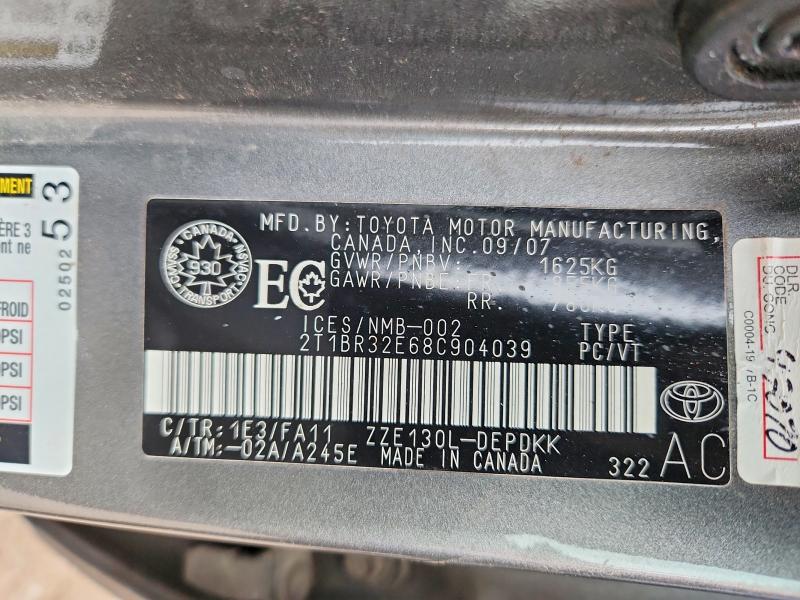 Продаж на аукціоні авто 2008 Toyota Corolla, vin: 2T1BR32E68C904039, номер лоту: 52407006
