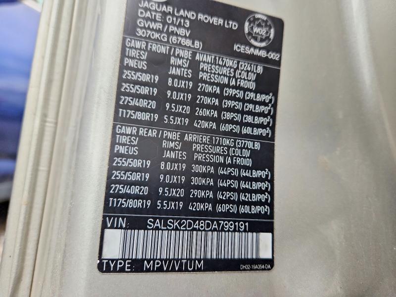 2013 Land Rover Range Rover Sport მანქანა იყიდება აუქციონზე, vin: SALSK2D48DA799191, აუქციონის ნომერი: 53114556