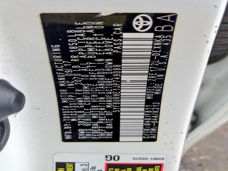 Продаж на аукціоні авто 2018 Toyota Corolla, vin: 5YFBURHE1JP749088, номер лоту: 51613016