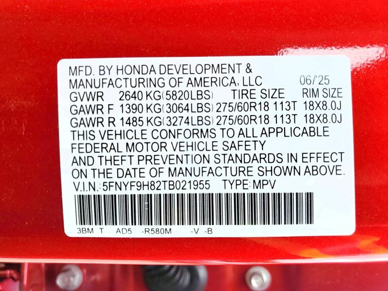 Aukcja sprzedaży 2026 Honda Passport, vin: 5FNYF9H82TB021955, numer aukcji: 55133176