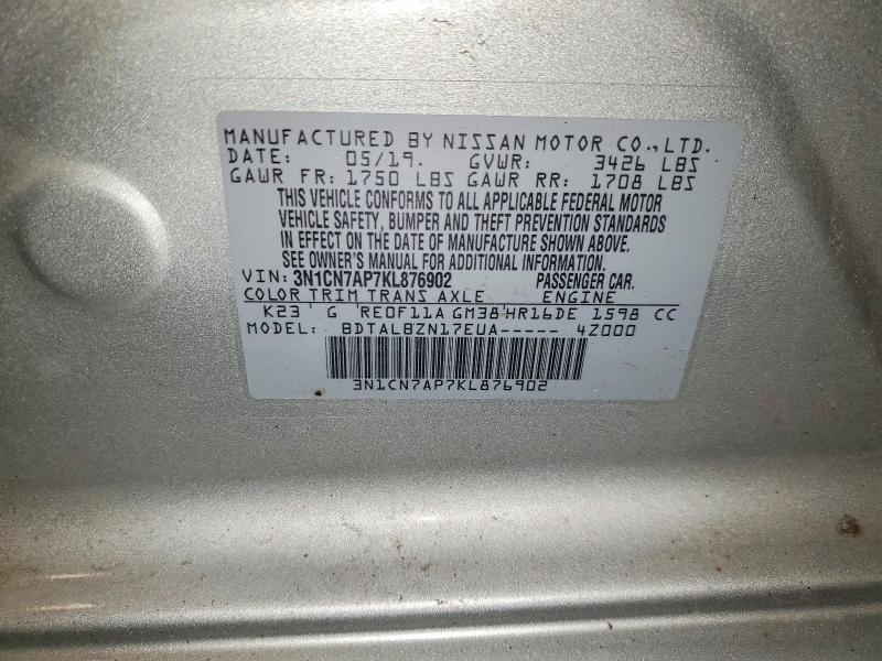 Aukcja sprzedaży 2019 Nissan Versa, vin: 3N1CN7AP7KL876902, numer aukcji: 52048566