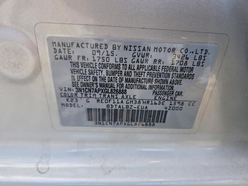 2016 Nissan Versa მანქანა იყიდება აუქციონზე, vin: 3N1CN7APXGL826888, აუქციონის ნომერი: 53125716