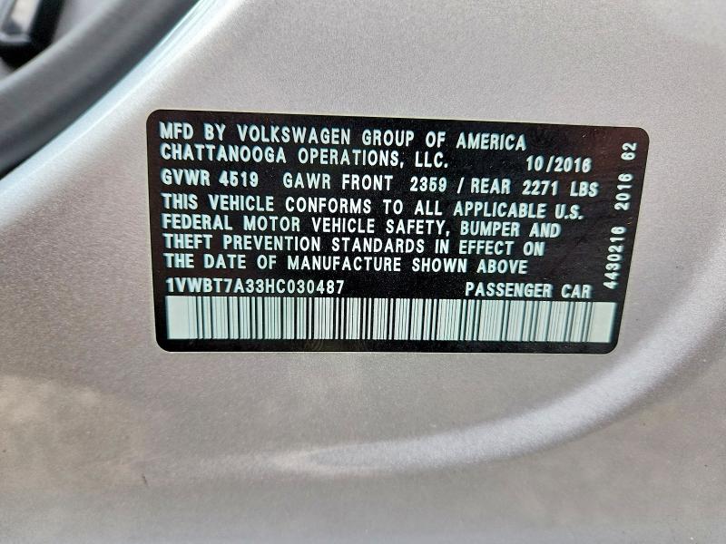 54173516 :رقم المزاد ، 1VWBT7A33HC030487 vin ، 2017 Volkswagen Passat مزاد بيع