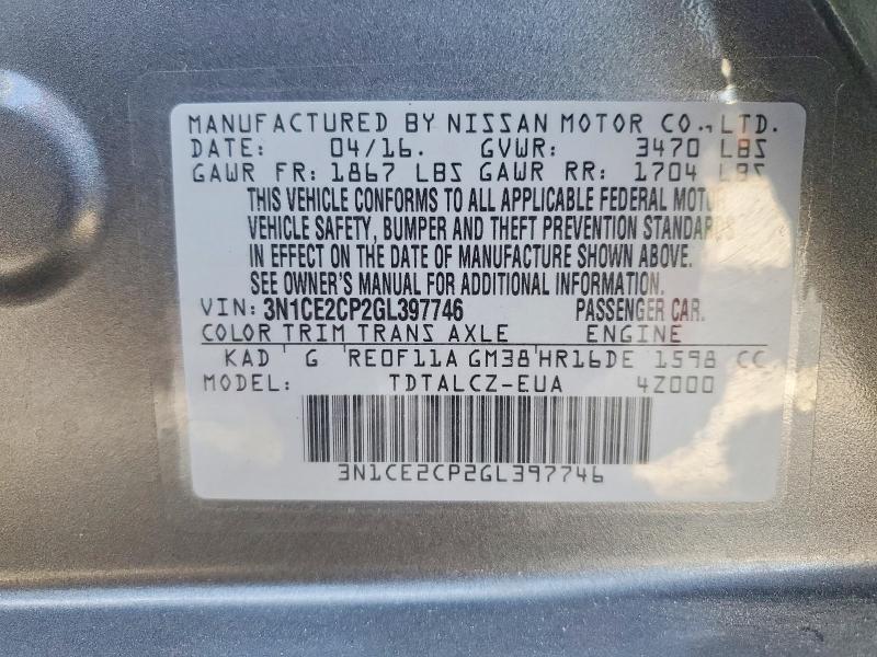 52171286 :رقم المزاد ، 3N1CE2CP2GL397746 vin ، 2016 Nissan Versa Note مزاد بيع