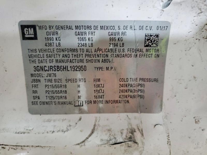 Aukcja sprzedaży 2017 Chevrolet Trax, vin: 3GNCJRSB6HL192950, numer aukcji: 53193336