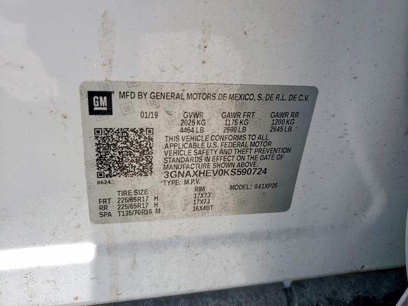 Продаж на аукціоні авто 2019 Chevrolet Equinox, vin: 3GNAXHEV0KS590724, номер лоту: 53543106