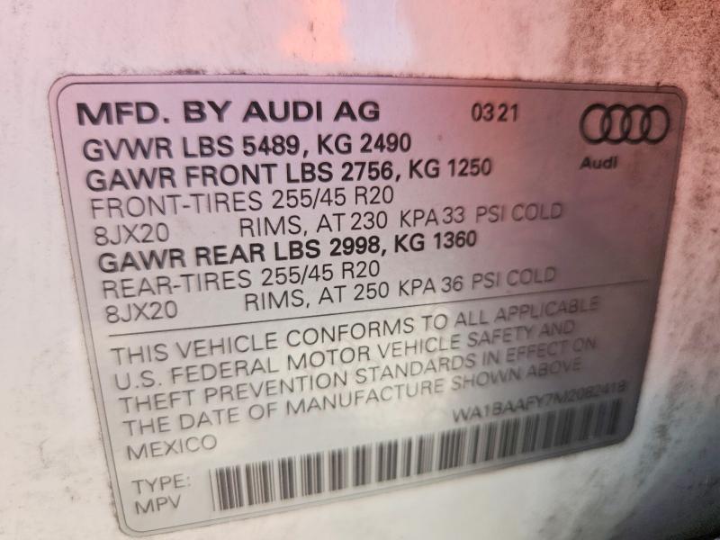 Продаж на аукціоні авто 2021 Audi Q5, vin: WA1BAAFY7M2082418, номер лоту: 52477276