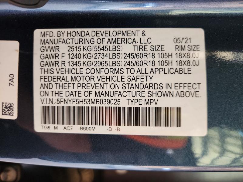 2021 Honda Pilot მანქანა იყიდება აუქციონზე, vin: 5FNYF5H53MB039025, აუქციონის ნომერი: 54892326