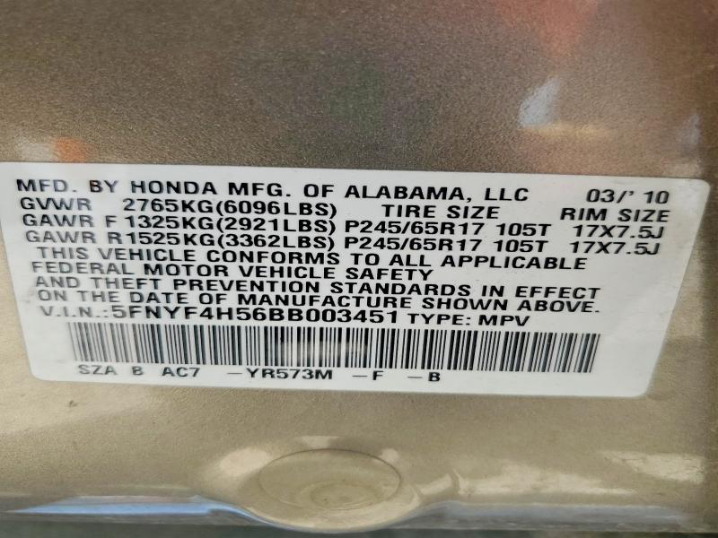2011 Honda Pilot მანქანა იყიდება აუქციონზე, vin: 5FNYF4H56BB003451, აუქციონის ნომერი: 53656446