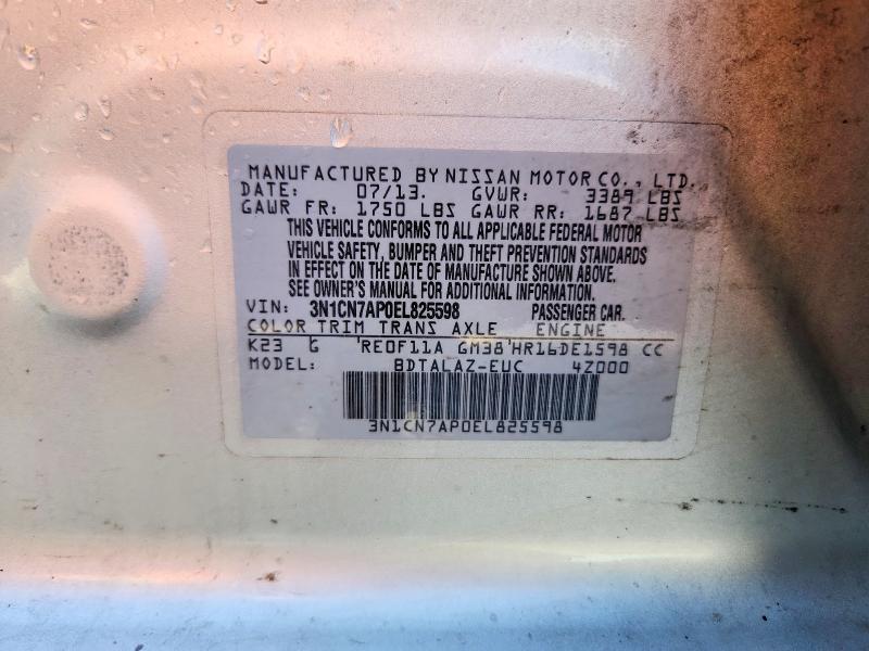 Продаж на аукціоні авто 2014 Nissan Versa, vin: 3N1CN7AP0EL825598, номер лоту: 52570786