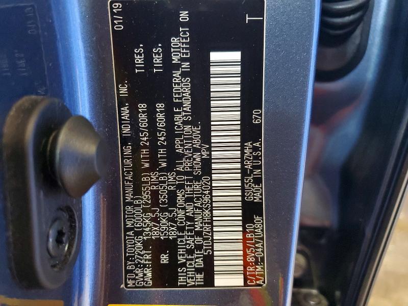 Aukcja sprzedaży 2019 Toyota Highlander, vin: 5TDJZRFH8KS964020, numer aukcji: 54332526