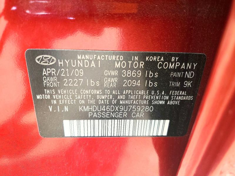 55307306 :رقم المزاد ، KMHDU46DX9U759280 vin ، 2009 Hyundai Elantra مزاد بيع