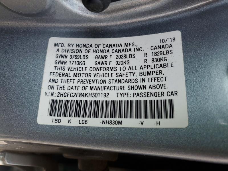52729766 :رقم المزاد ، 2HGFC2F84KH501192 vin ، 2019 Honda Civic مزاد بيع