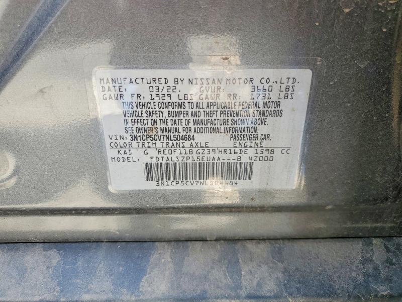 2022 Nissan Kicks მანქანა იყიდება აუქციონზე, vin: 3N1CP5CV7NL504684, აუქციონის ნომერი: 53106356
