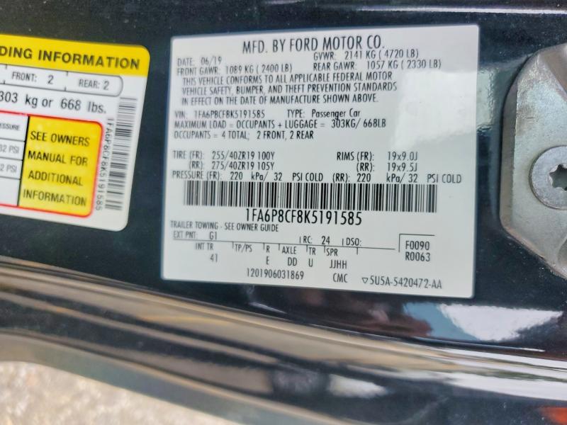 2019 Ford Mustang მანქანა იყიდება აუქციონზე, vin: 1FA6P8CF8K5191585, აუქციონის ნომერი: 52163806