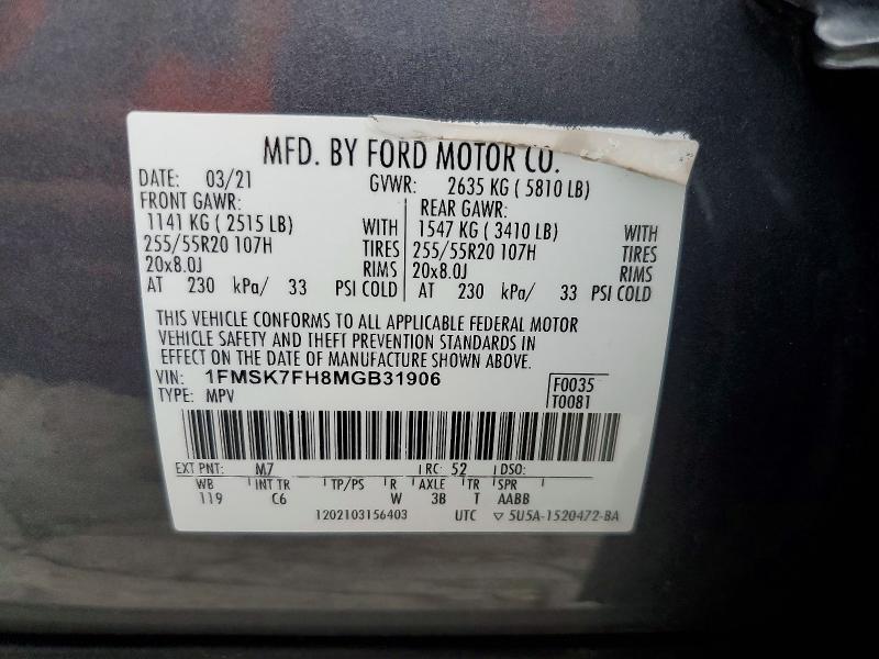 52535246 :رقم المزاد ، 1FMSK7FH8MGB31906 vin ، 2021 Ford Explorer مزاد بيع