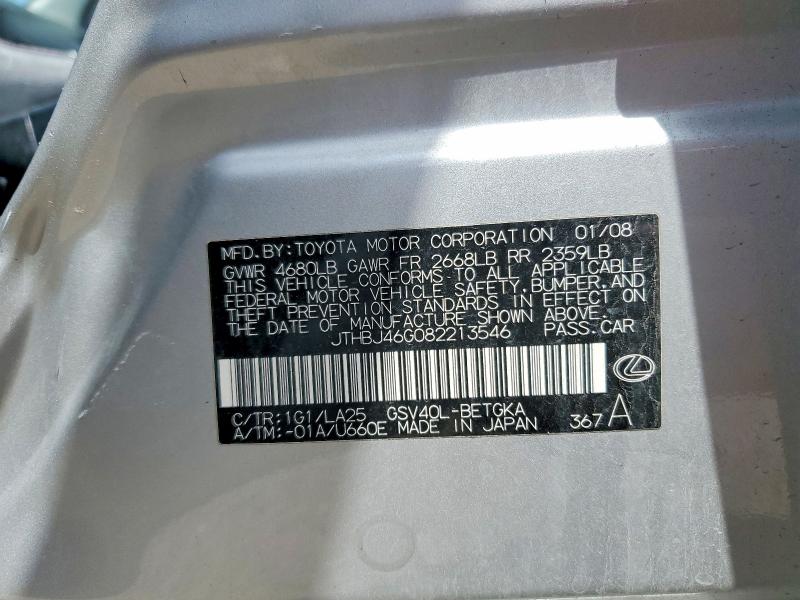Продажа на аукционе авто 2008 Lexus Es, vin: JTHBJ46G082213546, номер лота: 54207736
