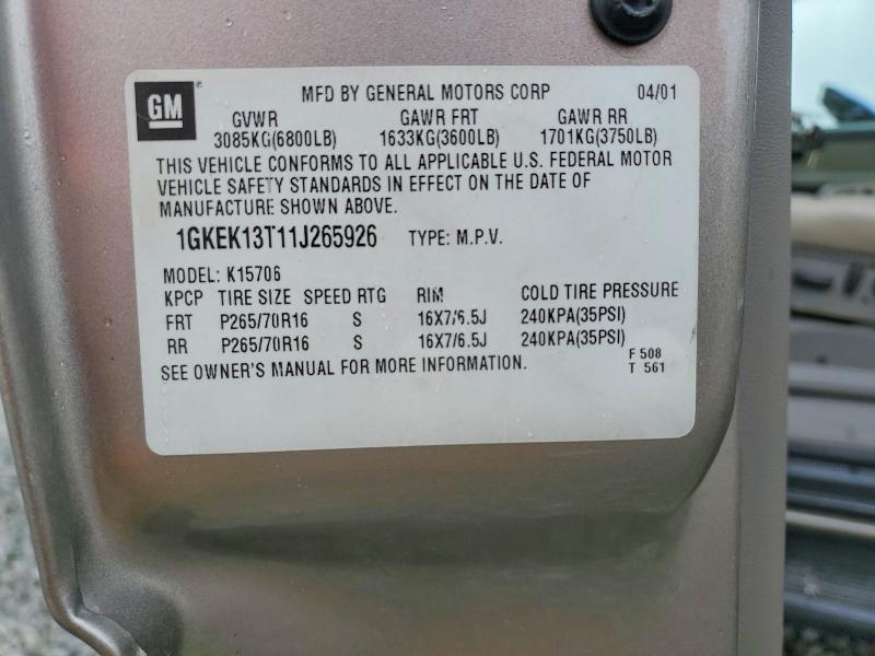 Aukcja sprzedaży 2001 Gmc Yukon, vin: 1GKEK13T11J265926, numer aukcji: 55105176