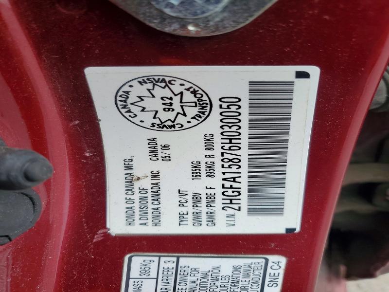 Продаж на аукціоні авто 2006 Honda Civic, vin: 2HGFA15876H030050, номер лоту: 53045516