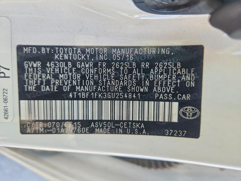 2016 Toyota Camry მანქანა იყიდება აუქციონზე, vin: 4T1BF1FK3GU254841, აუქციონის ნომერი: 53959006