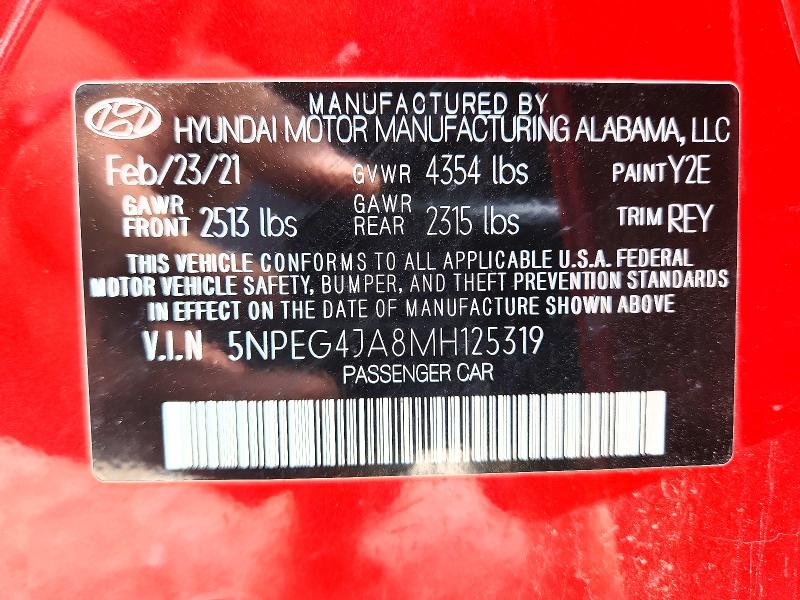 2021 Hyundai Sonata მანქანა იყიდება აუქციონზე, vin: 5NPEG4JA8MH125319, აუქციონის ნომერი: 54527556