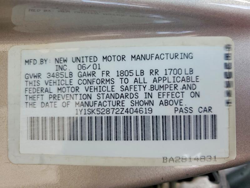 2002 Chevrolet Geo Prizm მანქანა იყიდება აუქციონზე, vin: 1Y1SK52872Z404619, აუქციონის ნომერი: 55746806