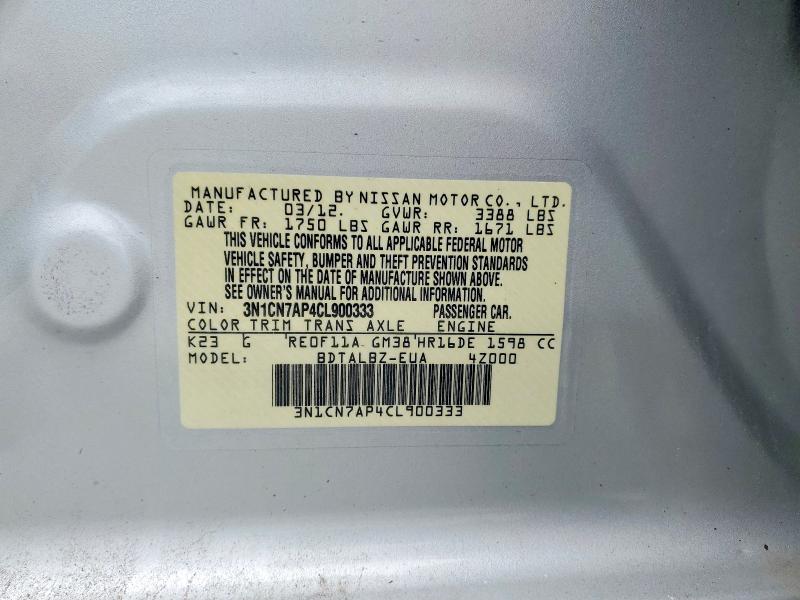 Продажа на аукционе авто 2012 Nissan Versa, vin: 3N1CN7AP4CL900333, номер лота: 53661156