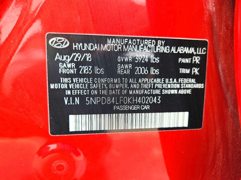 53458486 :رقم المزاد ، 5NPD84LF0KH402043 vin ، 2019 Hyundai Elantra مزاد بيع
