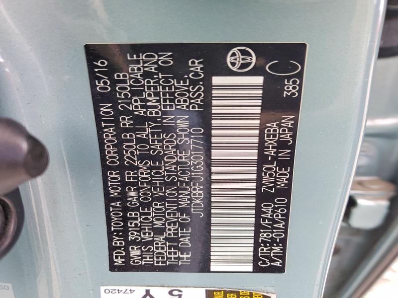 Aukcja sprzedaży 2016 Toyota Prius, vin: JTDKBRFU1G3017710, numer aukcji: 54654536