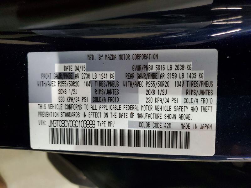 53751646 :رقم المزاد ، JM3TCBDY0G0103999 vin ، 2016 Mazda Cx-9 مزاد بيع