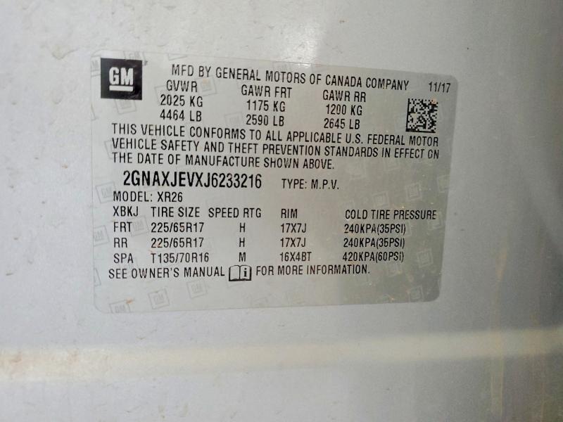2018 Chevrolet Equinox მანქანა იყიდება აუქციონზე, vin: 2GNAXJEVXJ6233216, აუქციონის ნომერი: 53640946