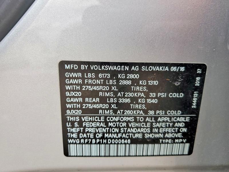 52179756 :رقم المزاد ، WVGRF7BP1HD000646 vin ، 2017 Volkswagen Touareg مزاد بيع